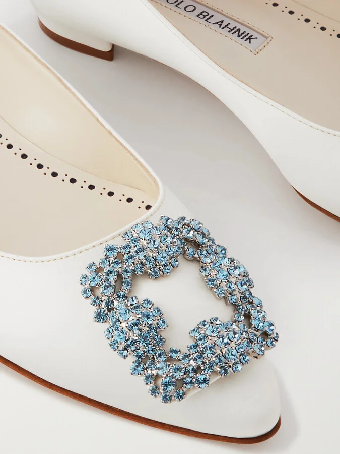 Manolo Blahnik - Hangisiflat Crystal-embellished Satin Point-toe Flats - White - Image 4