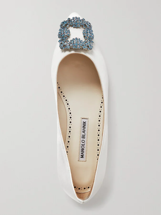 Manolo Blahnik - Hangisiflat Crystal-embellished Satin Point-toe Flats - White - Image 5