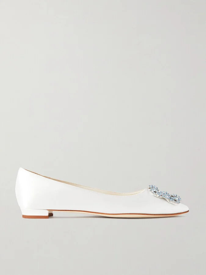 Manolo Blahnik - Hangisiflat Crystal-embellished Satin Point-toe Flats - White