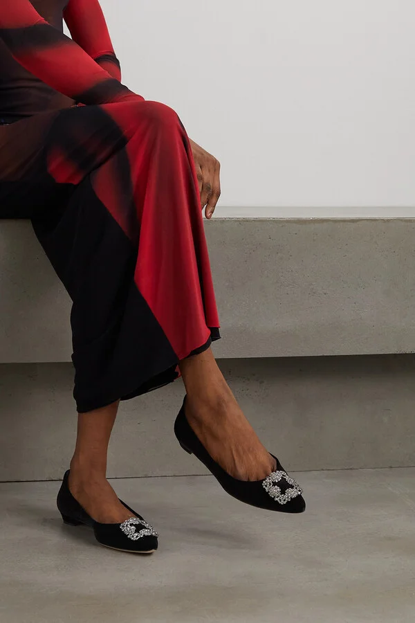 Manolo Blahnik - Hangisiflat Embellished Velvet Point-toe Flats - Black - Image 2