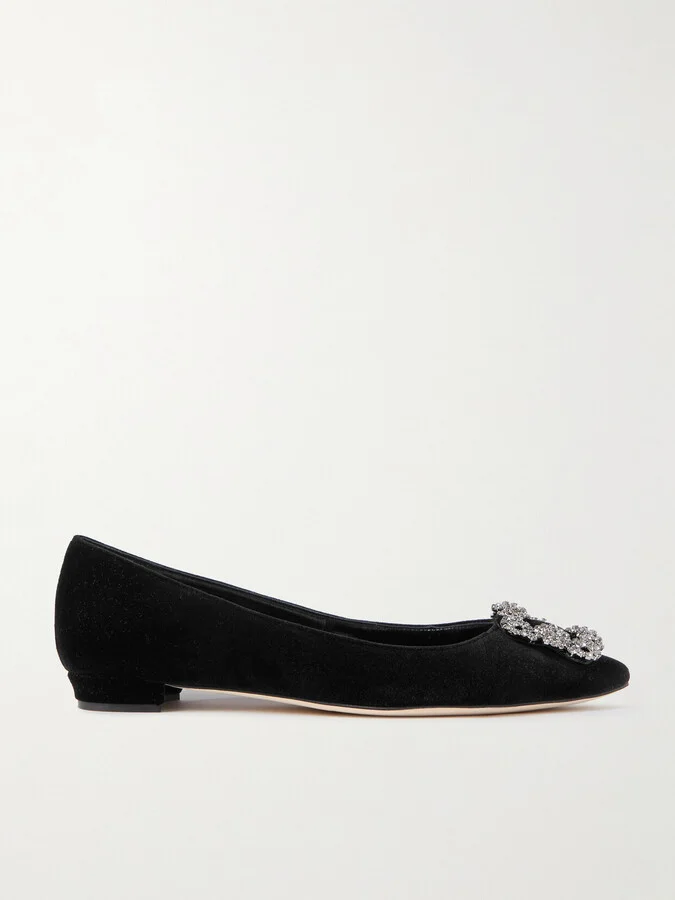 Manolo Blahnik - Hangisiflat Embellished Velvet Point-toe Flats - Black