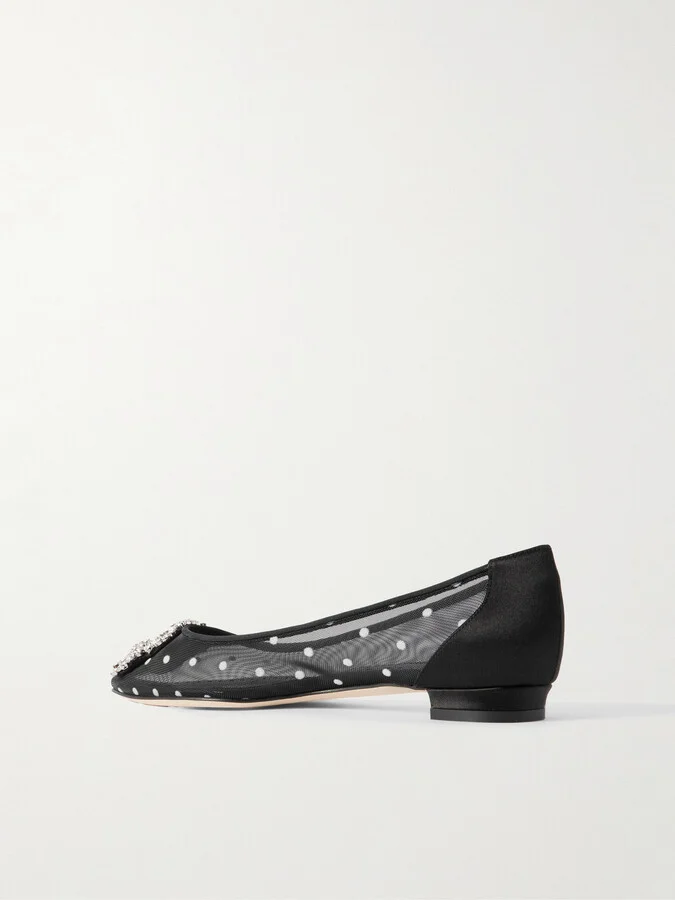 Manolo Blahnik - Hangisiflat Satin-trimmed Crystal-embellished Flocked Mesh Point-toe Ballet Flats - Black - Image 3
