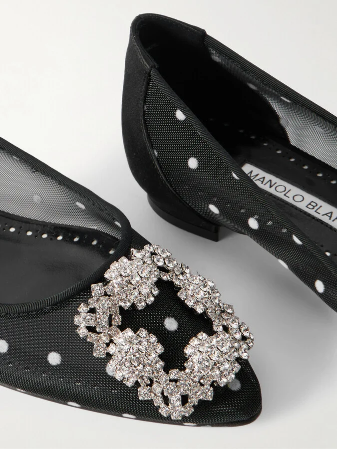 Manolo Blahnik - Hangisiflat Satin-trimmed Crystal-embellished Flocked Mesh Point-toe Ballet Flats - Black - Image 4