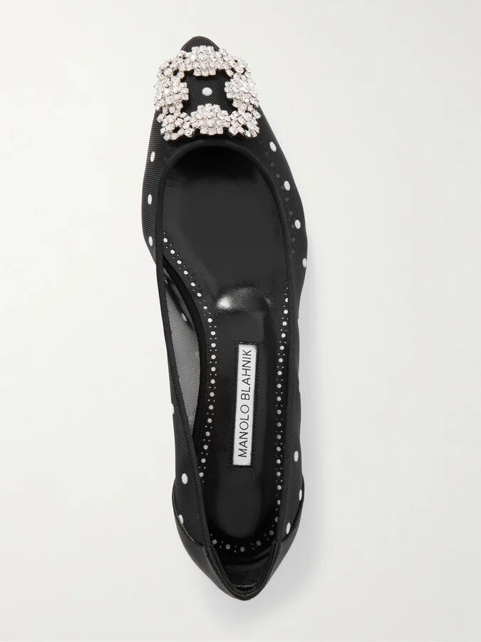 Manolo Blahnik - Hangisiflat Satin-trimmed Crystal-embellished Flocked Mesh Point-toe Ballet Flats - Black - Image 5
