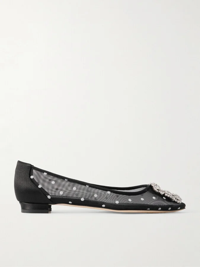 Manolo Blahnik - Hangisiflat Satin-trimmed Crystal-embellished Flocked Mesh Point-toe Ballet Flats - Black
