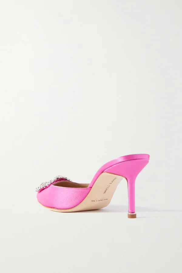 Manolo Blahnik - Hangisimu 70 Crystal-embellished Satin Mules - Pink - Image 3