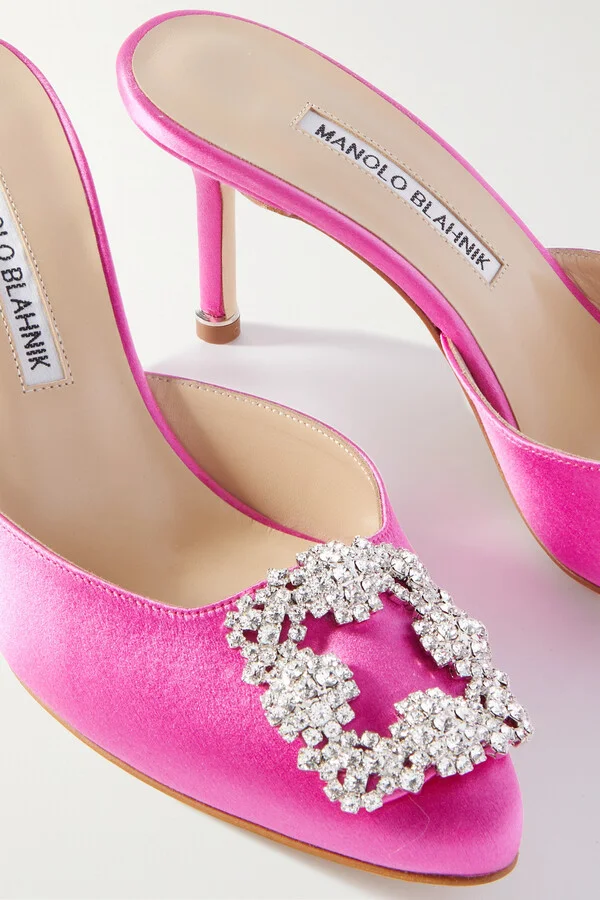 Manolo Blahnik - Hangisimu 70 Crystal-embellished Satin Mules - Pink - Image 4
