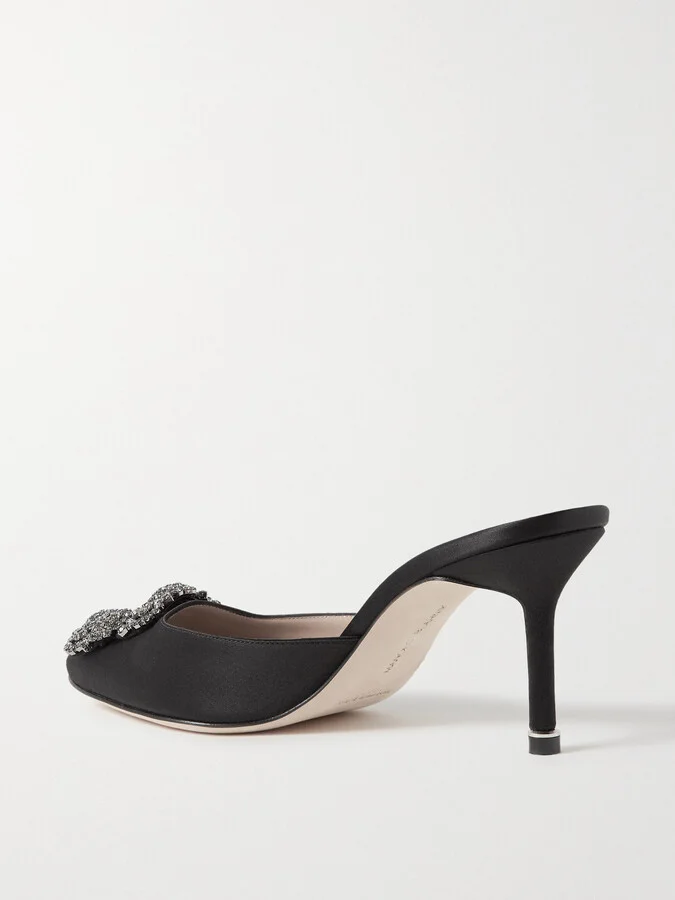 Manolo Blahnik - Hangisimu 70 Embellished Satin Mules - Black - Image 3