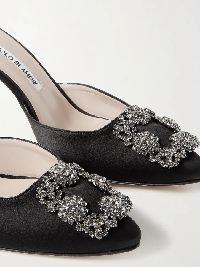 Manolo Blahnik - Hangisimu 70 Embellished Satin Mules - Black - Image 4
