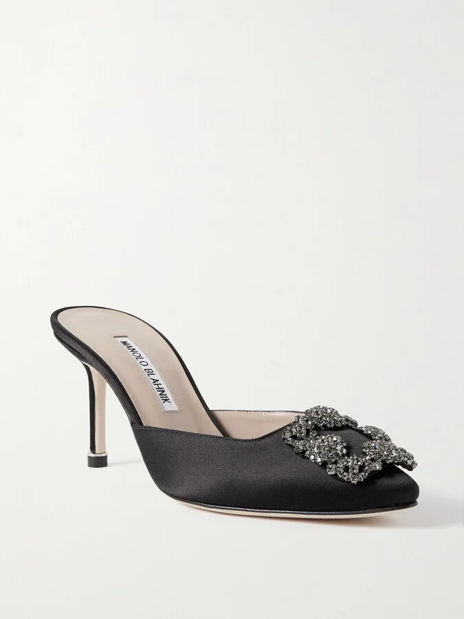 Manolo Blahnik - Hangisimu 70 Embellished Satin Mules - Black