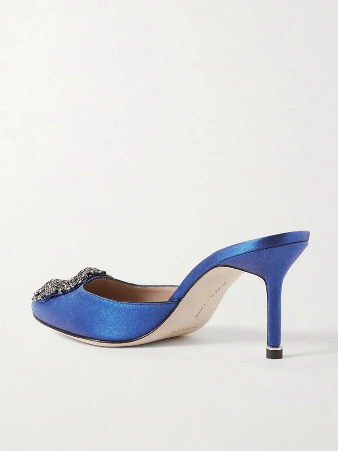 Manolo Blahnik - Hangisimu 70 Embellished Satin Mules - Blue - Image 3
