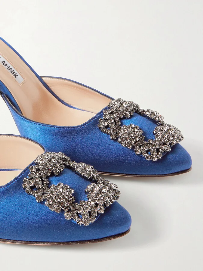 Manolo Blahnik - Hangisimu 70 Embellished Satin Mules - Blue - Image 4