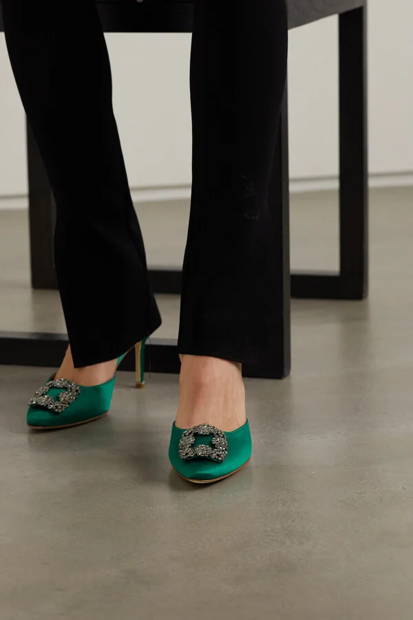 Manolo Blahnik - Hangisimu 70 Embellished Satin Mules - Green - Image 2