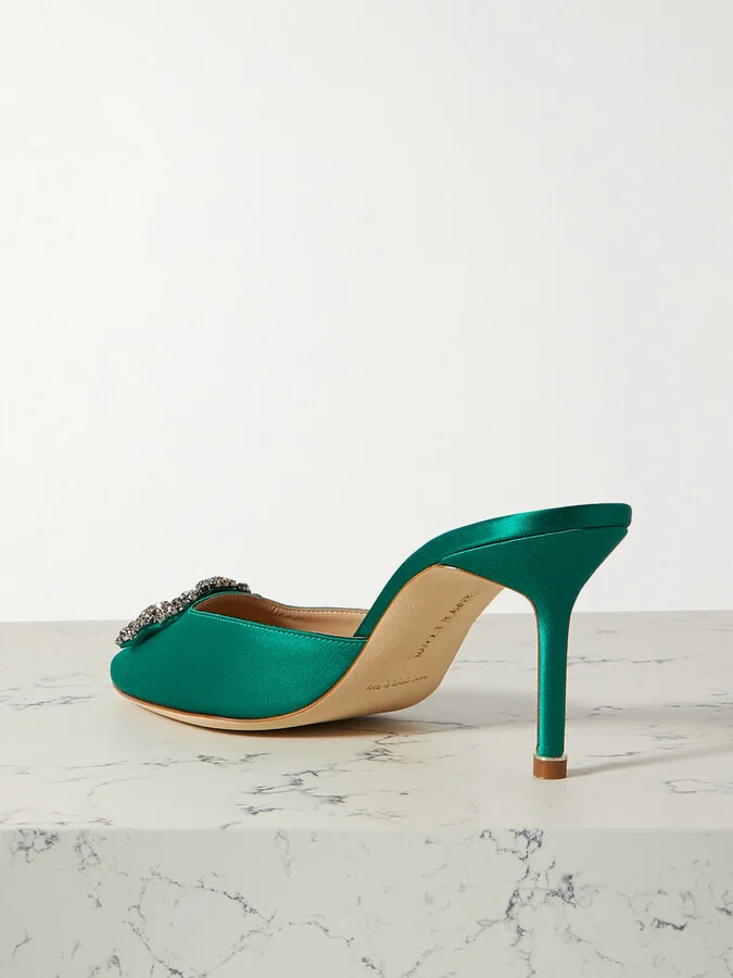 Manolo Blahnik - Hangisimu 70 Embellished Satin Mules - Green - Image 3