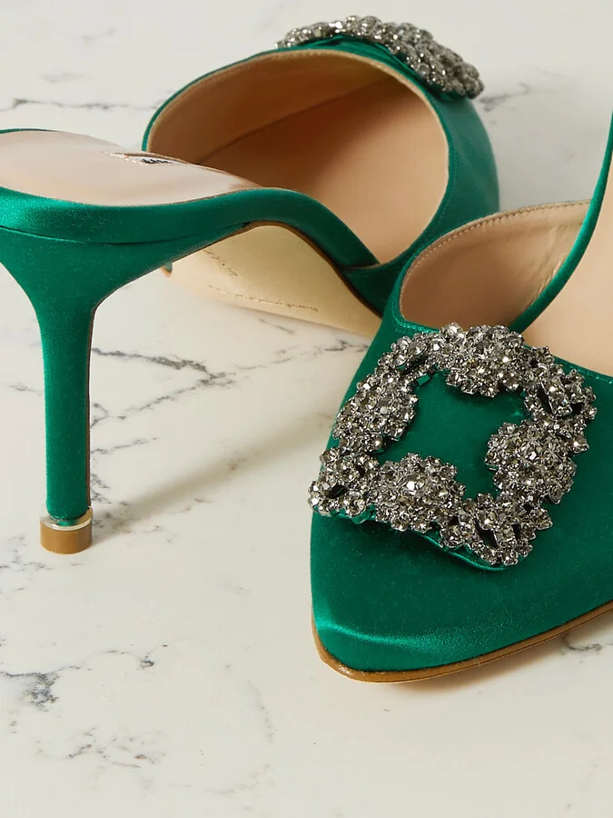 Manolo Blahnik - Hangisimu 70 Embellished Satin Mules - Green - Image 4
