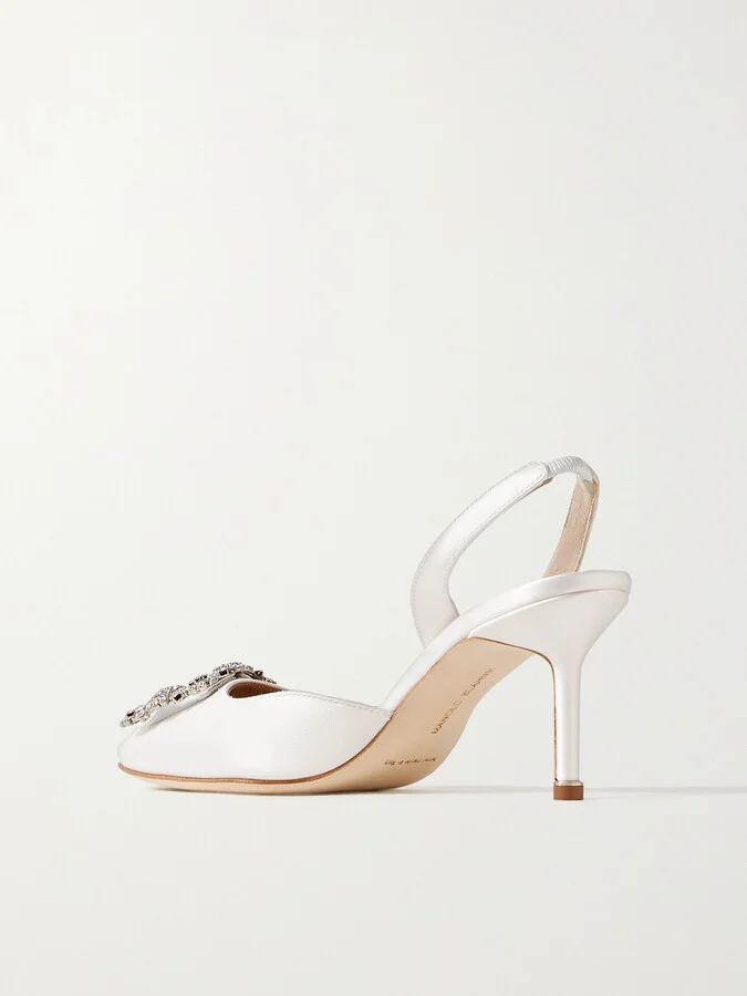 Manolo Blahnik - Hangisli 70 Crystal-embellished Satin Slingback Pumps - White - Image 3