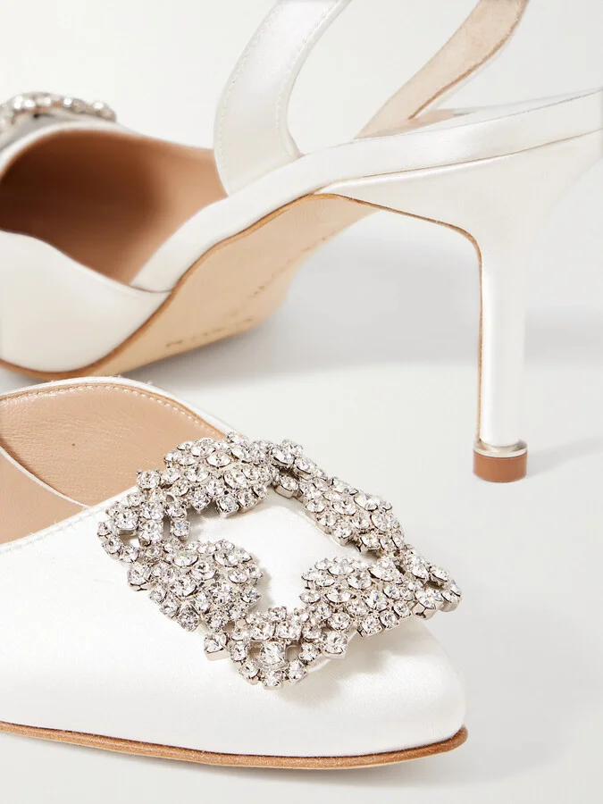Manolo Blahnik - Hangisli 70 Crystal-embellished Satin Slingback Pumps - White - Image 4