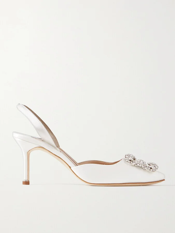 Manolo Blahnik - Hangisli 70 Crystal-embellished Satin Slingback Pumps - White