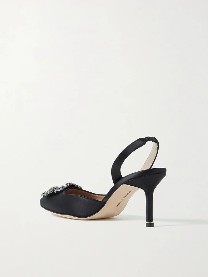 Manolo Blahnik - Hangisli 70 Embellished Satin Slingback Pumps - Black - Image 3