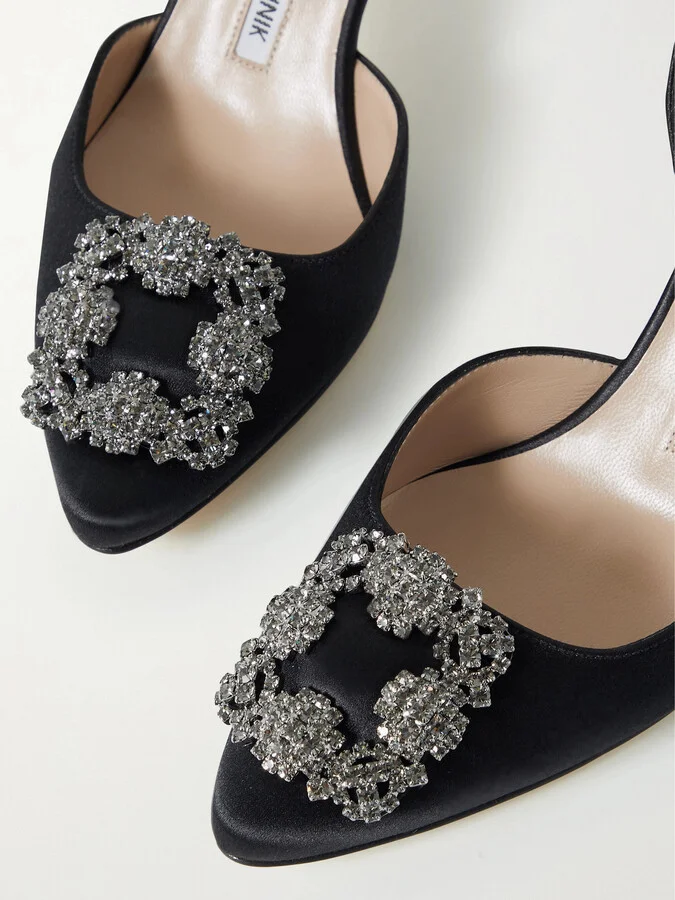 Manolo Blahnik - Hangisli 70 Embellished Satin Slingback Pumps - Black - Image 4