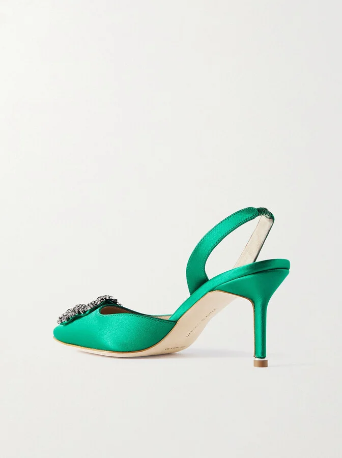 Manolo Blahnik - Hangisli 70 Embellished Satin Slingback Pumps - Green - Image 3