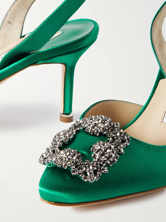 Manolo Blahnik - Hangisli 70 Embellished Satin Slingback Pumps - Green - Image 4