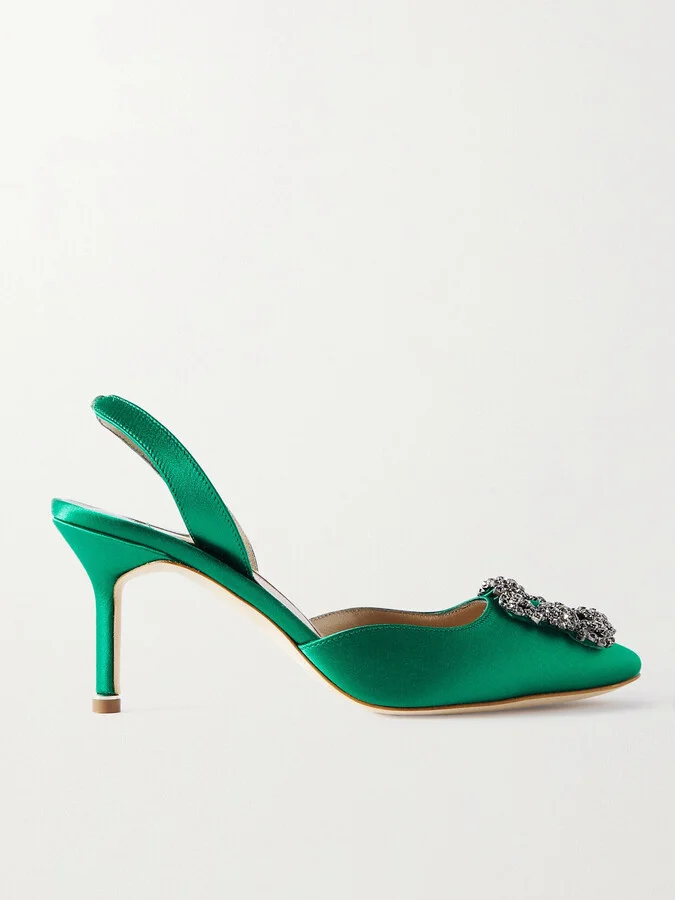 Manolo Blahnik - Hangisli 70 Embellished Satin Slingback Pumps - Green