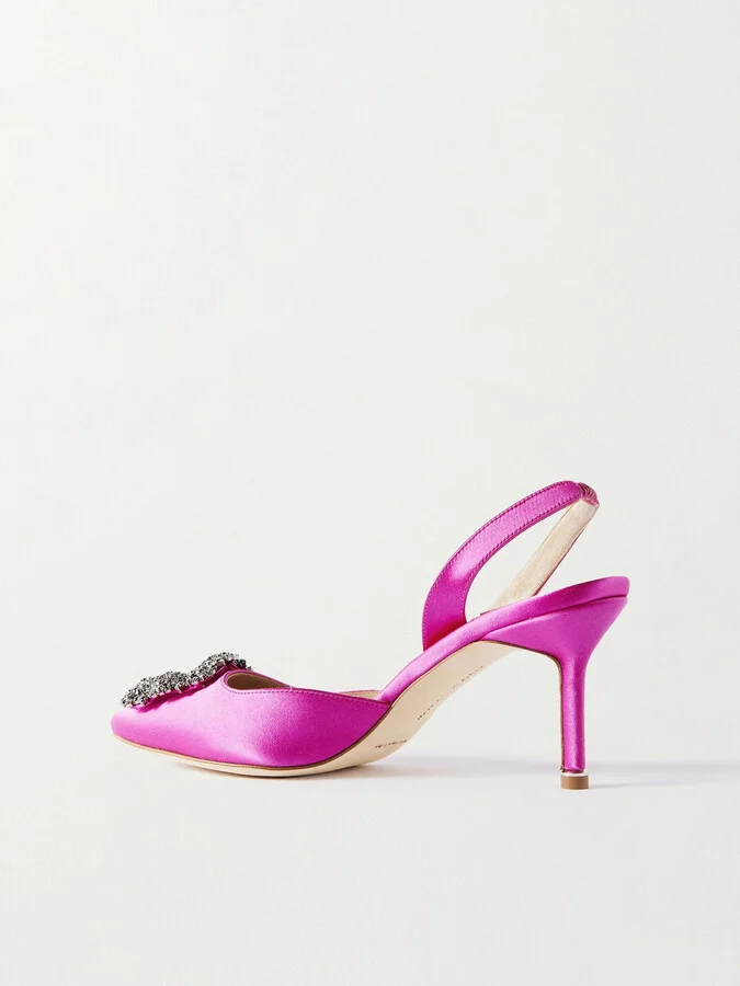 Manolo Blahnik - Hangisli 70 Embellished Satin Slingback Pumps - Pink - Image 3
