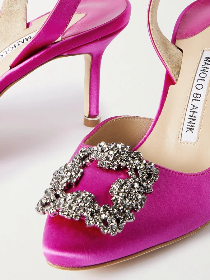 Manolo Blahnik - Hangisli 70 Embellished Satin Slingback Pumps - Pink - Image 4