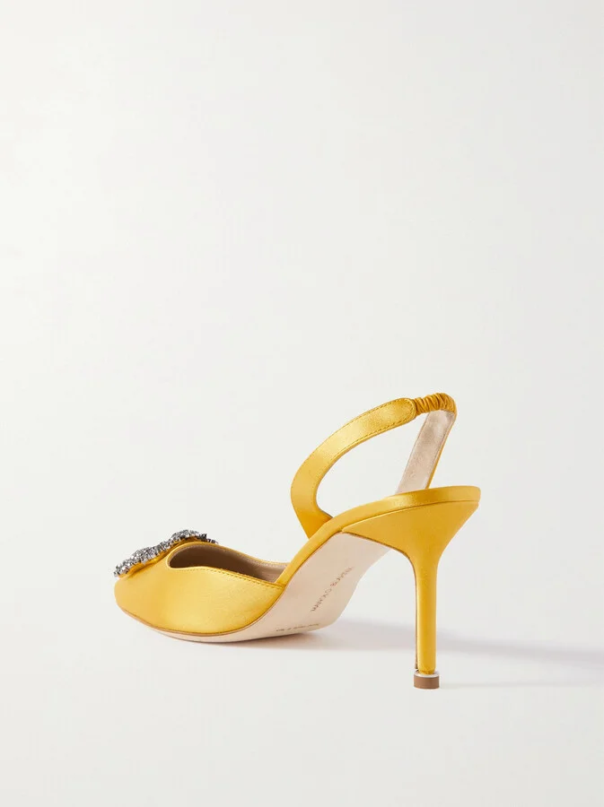 Manolo Blahnik - Hangisli 70 Embellished Satin Slingback Pumps - Yellow - Image 3