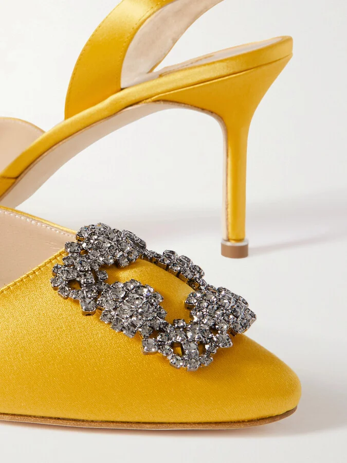 Manolo Blahnik - Hangisli 70 Embellished Satin Slingback Pumps - Yellow - Image 5