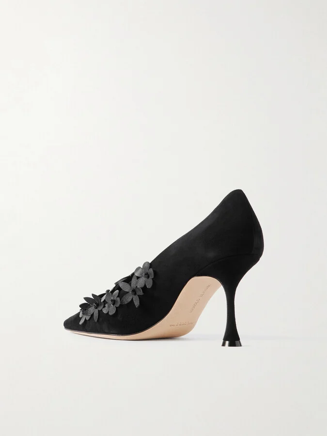 Manolo Blahnik - Harneclo 90 Appliquéd Suede Pumps - Black - Image 3