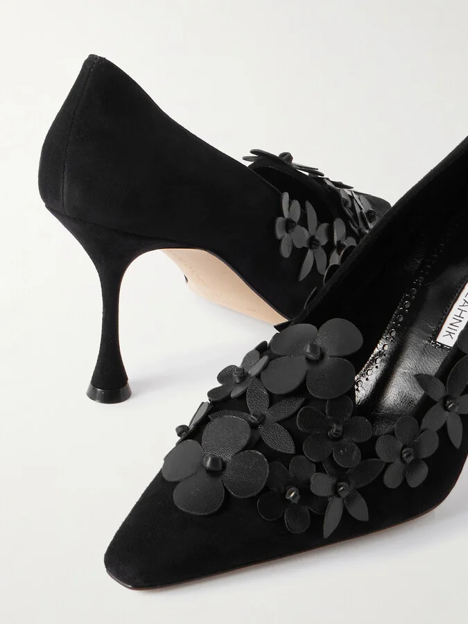 Manolo Blahnik - Harneclo 90 Appliquéd Suede Pumps - Black - Image 4