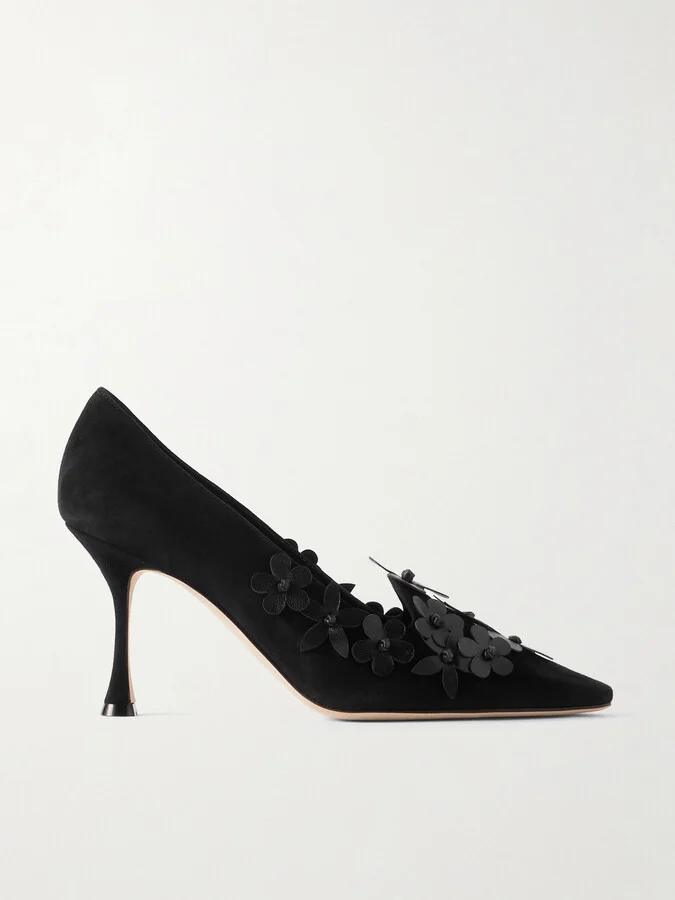 Manolo Blahnik - Harneclo 90 Appliquéd Suede Pumps - Black