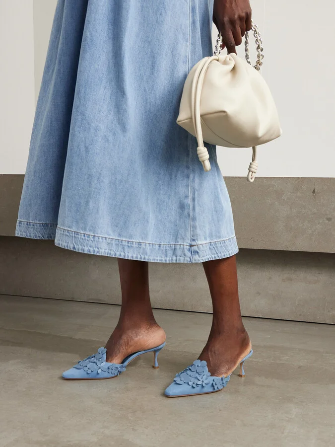 Manolo Blahnik - Harnes 50 Appliquéd Suede Mules - Blue - Image 2