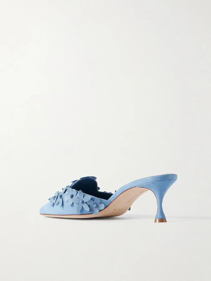Manolo Blahnik - Harnes 50 Appliquéd Suede Mules - Blue - Image 3