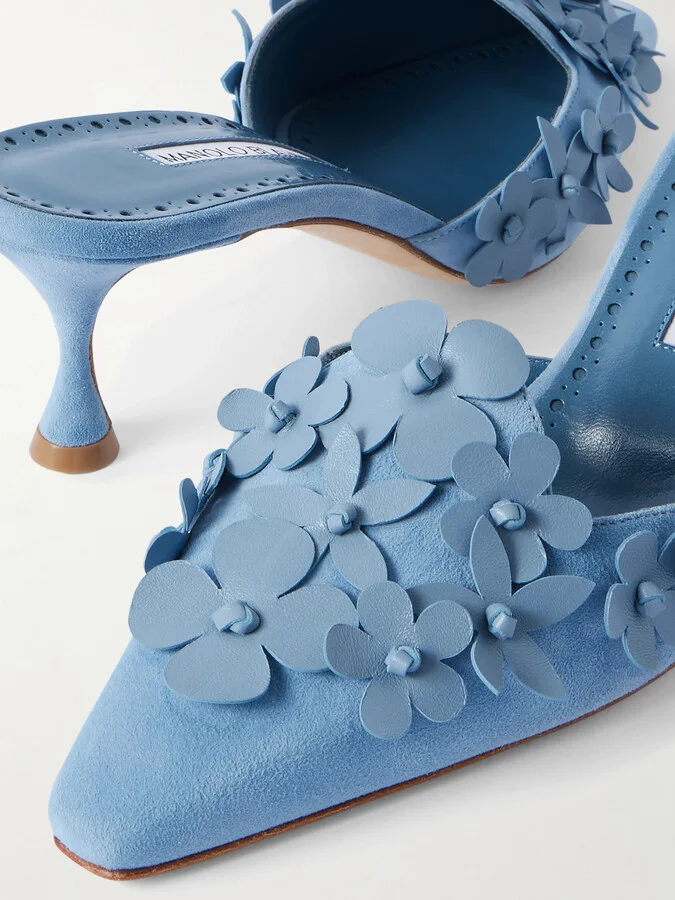 Manolo Blahnik - Harnes 50 Appliquéd Suede Mules - Blue - Image 4