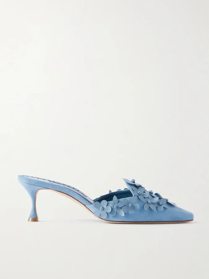 Manolo Blahnik - Harnes 50 Appliquéd Suede Mules - Blue