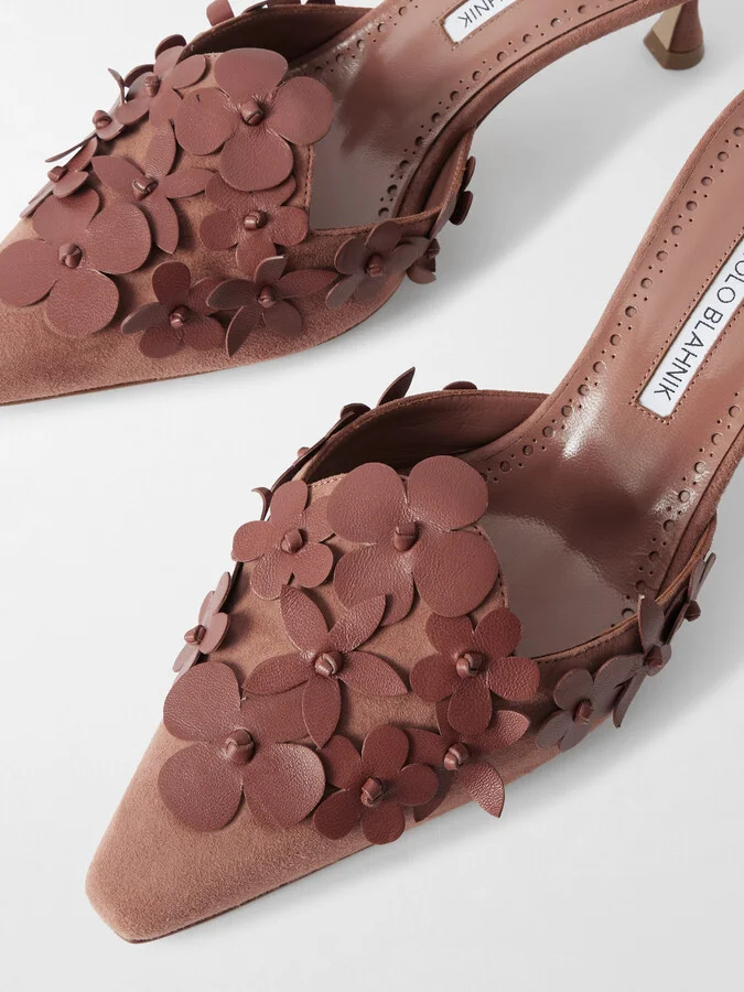 Manolo Blahnik - Harnes 50 Appliquéd Suede Mules - Brown - Image 4