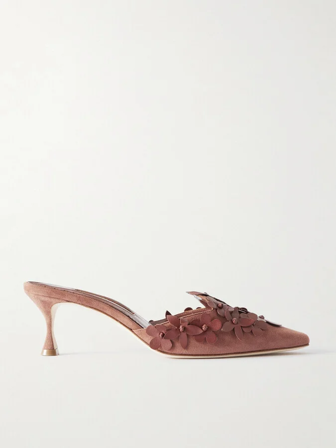 Manolo Blahnik - Harnes 50 Appliquéd Suede Mules - Brown