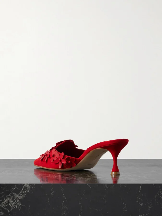 Manolo Blahnik - Harnes 50 Appliquéd Suede Mules - Red - Image 3