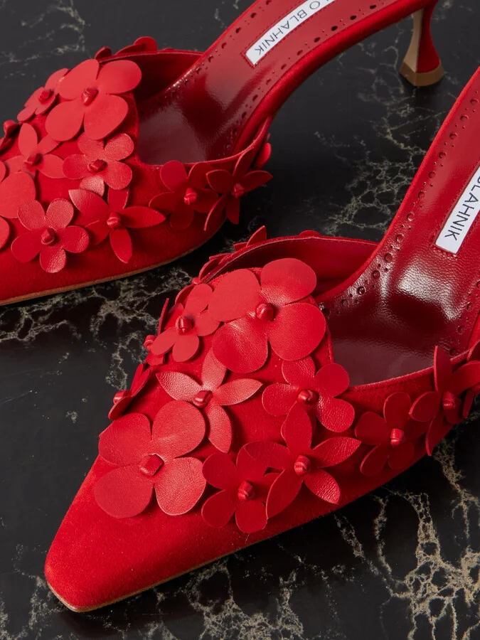 Manolo Blahnik - Harnes 50 Appliquéd Suede Mules - Red - Image 4