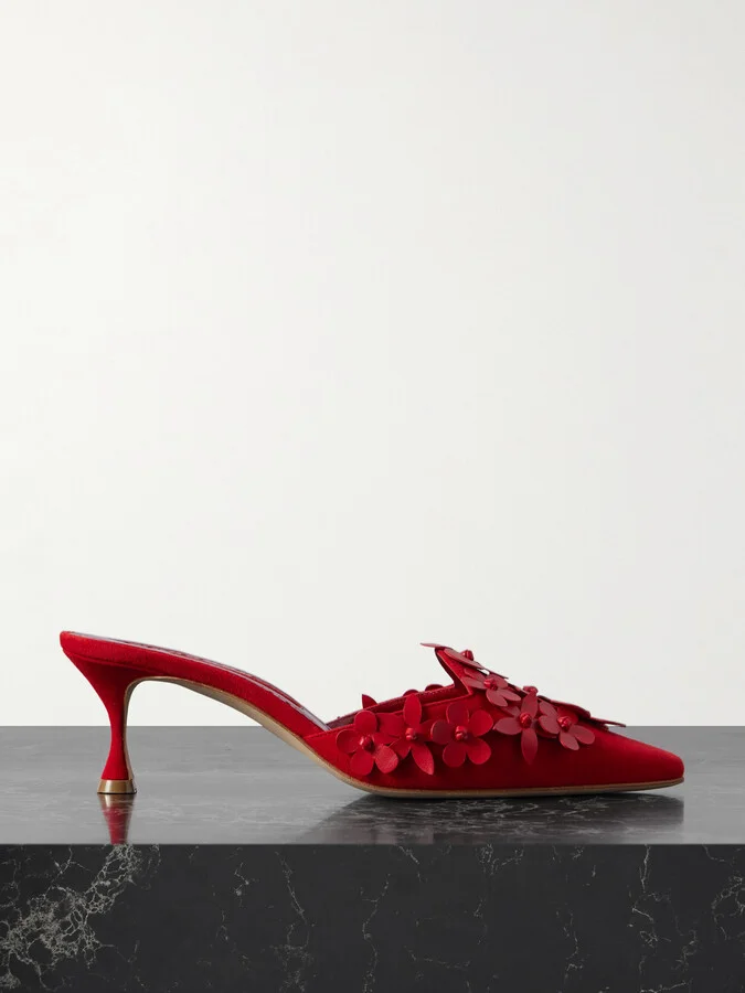 Manolo Blahnik - Harnes 50 Appliquéd Suede Mules - Red