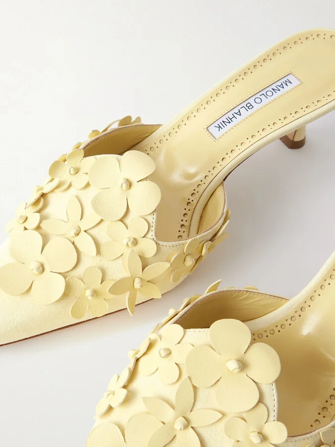 Manolo Blahnik - Harnes 50 Appliquéd Suede Mules - Yellow - Image 4