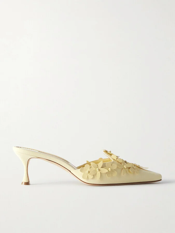 Manolo Blahnik - Harnes 50 Appliquéd Suede Mules - Yellow