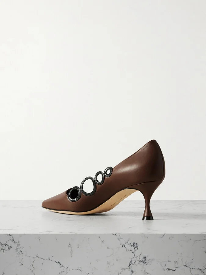 Manolo Blahnik - Hokm 50 Cutout Leather Pumps - Brown - Image 3