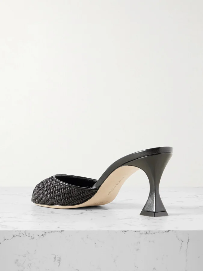 Manolo Blahnik - Jadara 70 Leather-trimmed Raffia Mules - Black - Image 3