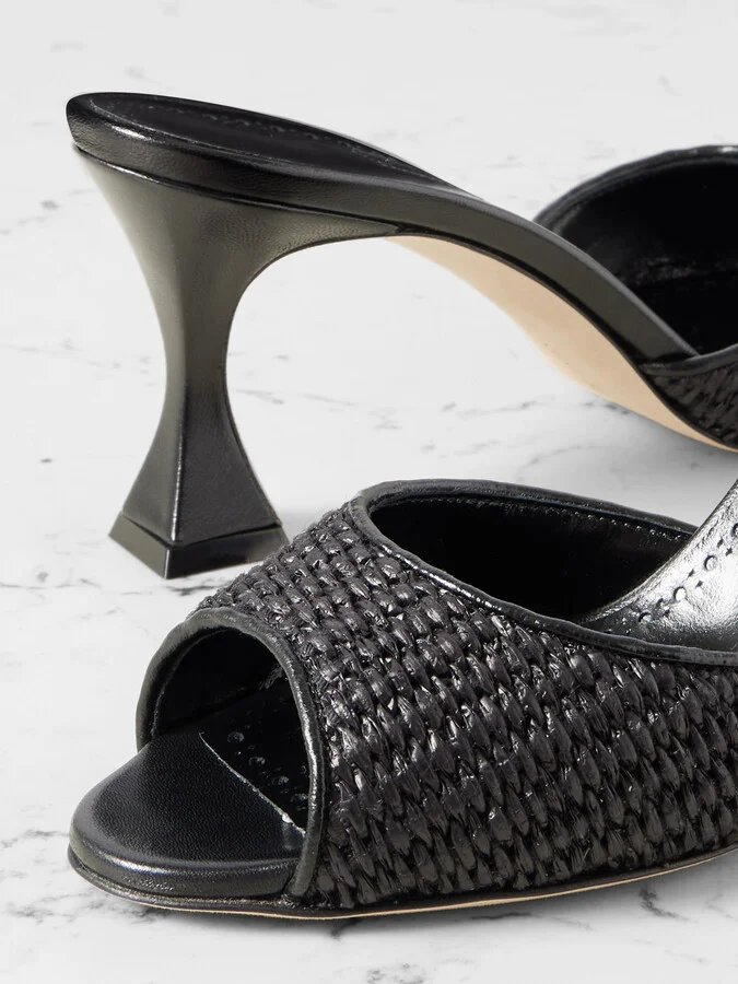 Manolo Blahnik - Jadara 70 Leather-trimmed Raffia Mules - Black - Image 4