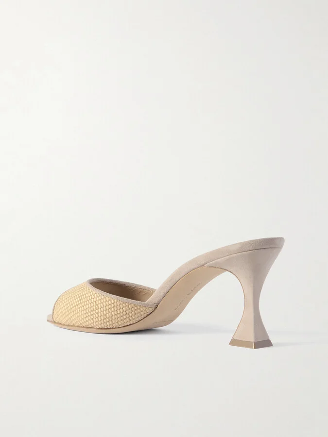 Manolo Blahnik - Jadara 70 Suede-trimmed Raffia Mules - Neutrals - Image 3