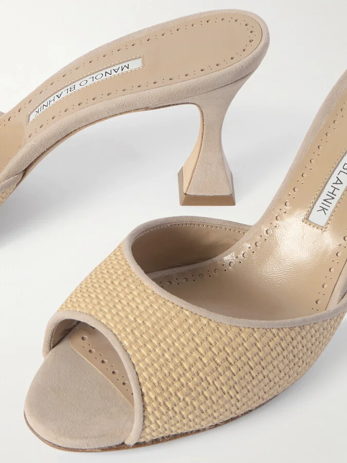 Manolo Blahnik - Jadara 70 Suede-trimmed Raffia Mules - Neutrals - Image 4